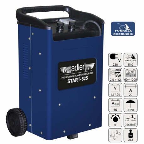 Adler Start-625 Prostownik transformatorowy 12 / 24 V z funkcją wspomagania rozruchu